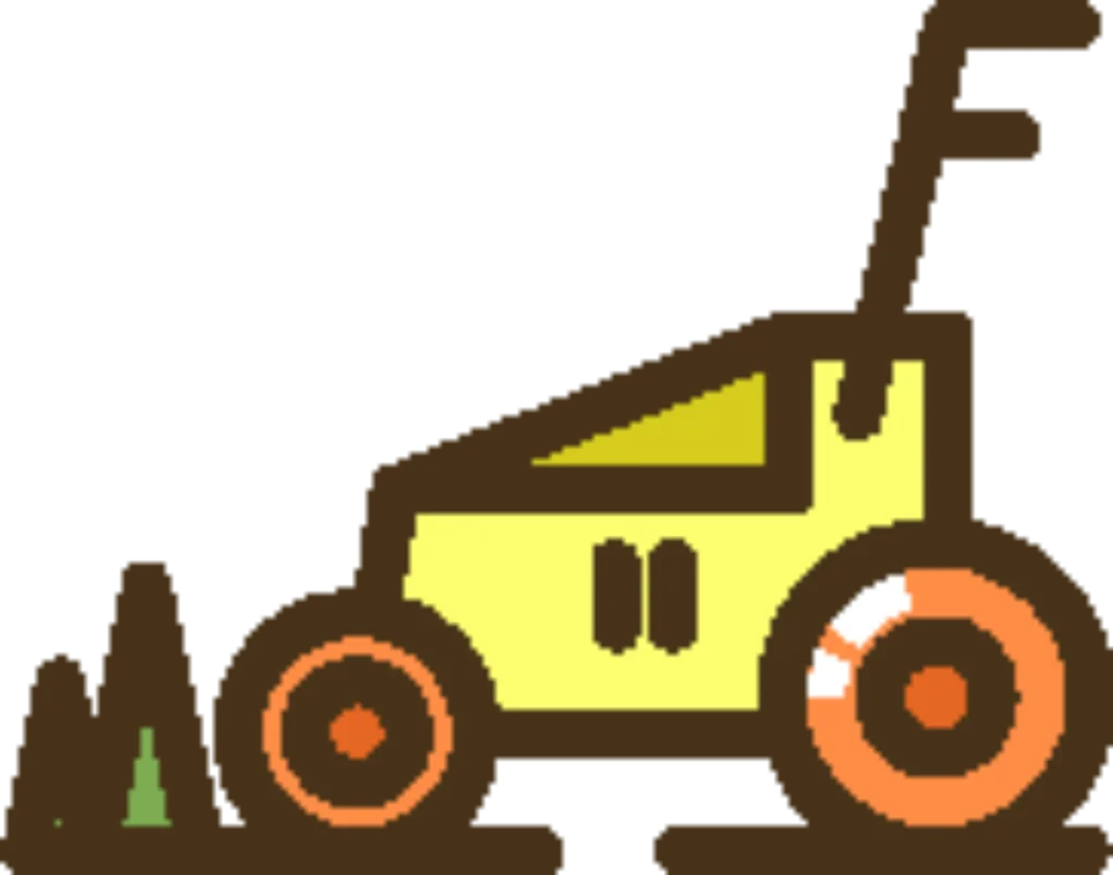 Cartoon yellow lawn mower icon with chunky wheels and vent-like side details