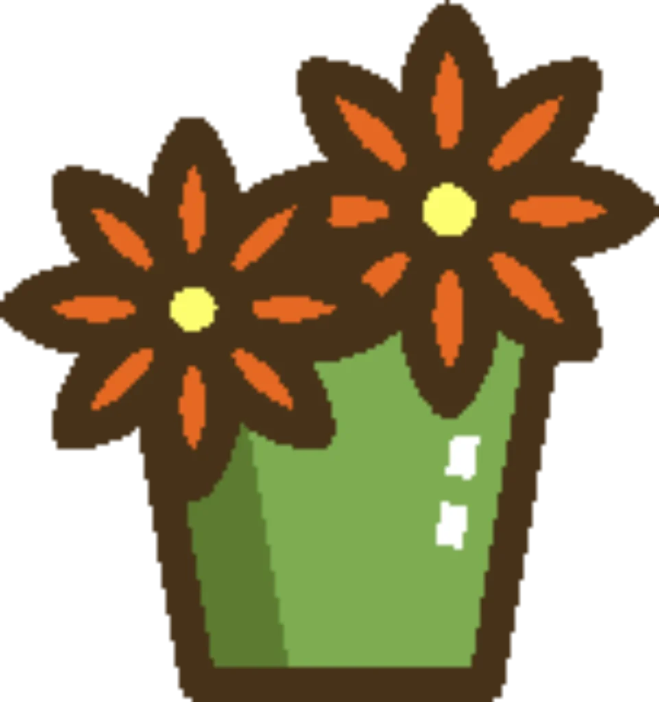 Two orange flower blooms in shared pot with green leaves icon on black background